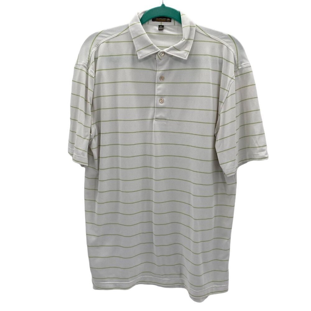 Peter Millar Summer Comfort White/Green Stripe Polo Shirt Men's Size Medium